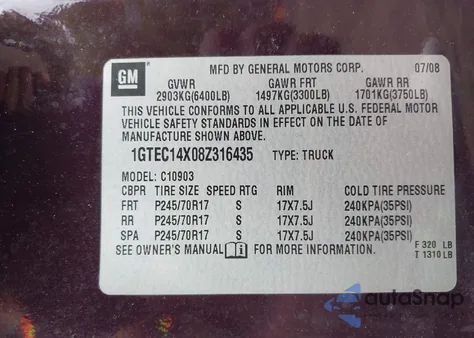 2008 GMC Sierra 1500 Work Truck из США, поврежденный, VIN 1GTEC14X08Z316435